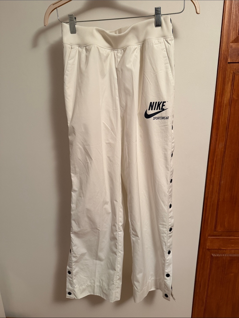 Nike White Track Pants with Black Logo & Snap Sides